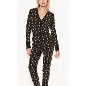 Victoria's Secret Thermal One-Piece Pajamas - M Black Floral Cottage Bed Gremlin